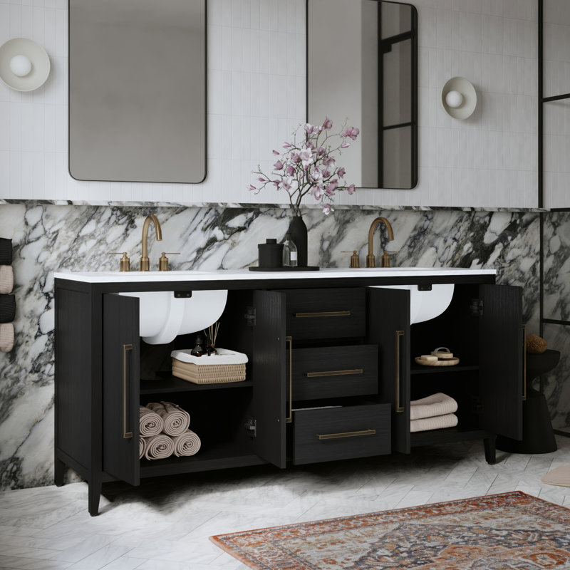 Alsup 72'' Free Standing Double Bathroom Vanity with Calacatta Quartz Top, Dark Weathered Oak
