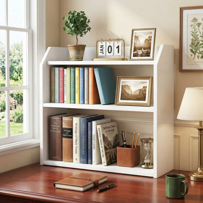 3-Tier Natural Wooden Desktop Countertop Bookshelf, Built-In Raised Anti-Fall Top Guardrails & Smooth Rounded Edges, Fits Home Office Desk, Study