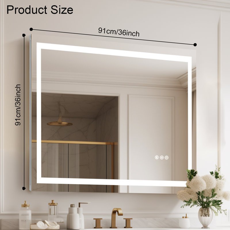 Frameless Led Bathroom Mirror,3 Colors Dimmable,anti-fog,memory Function,wall Mounted Lighted Vanity Mirror, 36" x 36"