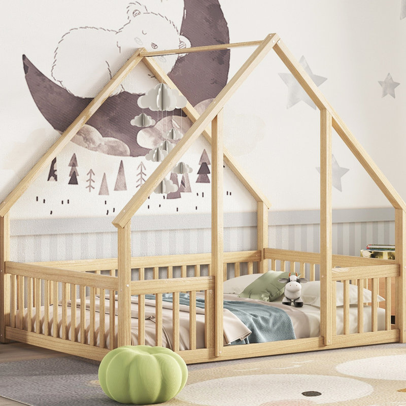 Lit de maison avec garde-corps et clôture en pin naturel, Naturel