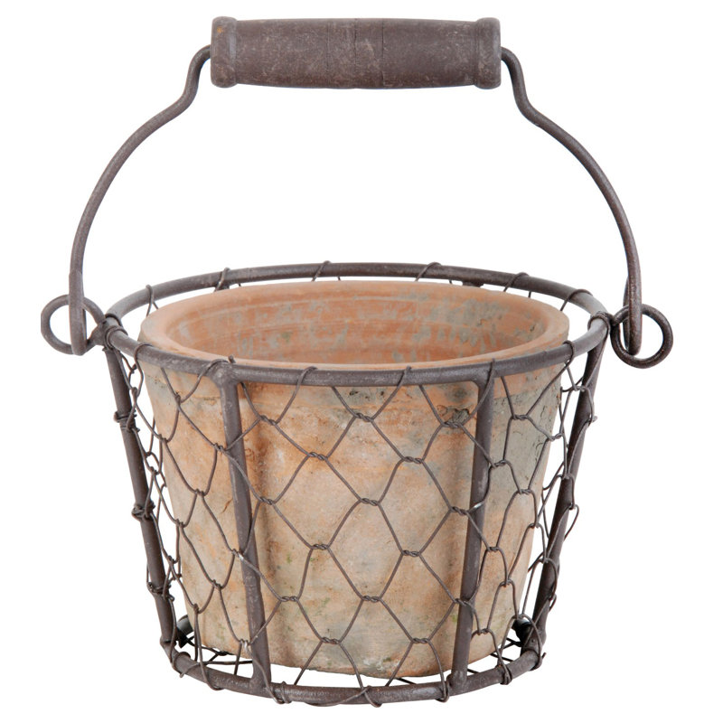 Aged Terracotta Pot in Wire Basket with Handle