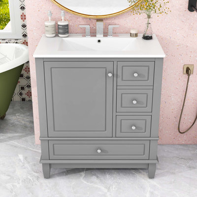 Meuble-lavabo avec lavabo en céramique, 1 porte avec tablette, 3 tiroirs et porte à fermeture en douceur