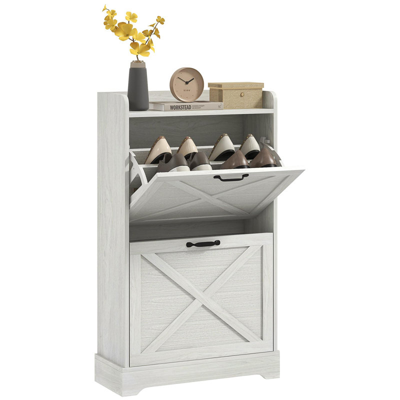Slim Shoe Cabinet for Entryway, Farmhouse Hidden Shoe Storage Cabinet with 2 Flip Drawers and Adjustable Shelves for 8 Pairs of Shoes, Distressed White