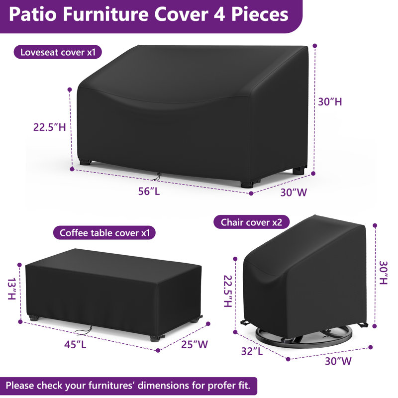 Outdoor Furniture Cover Waterproof Patio Furniture Set Covers for 4 Piece Outdoor Conversation Set, Black