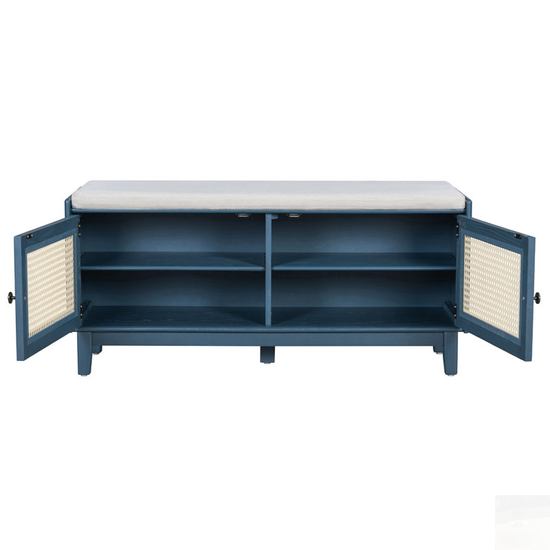 Banc d'entrée en rotin avec rangement Boho, banc à chaussures rembourré avec portes doubles, banc de rangement en bois