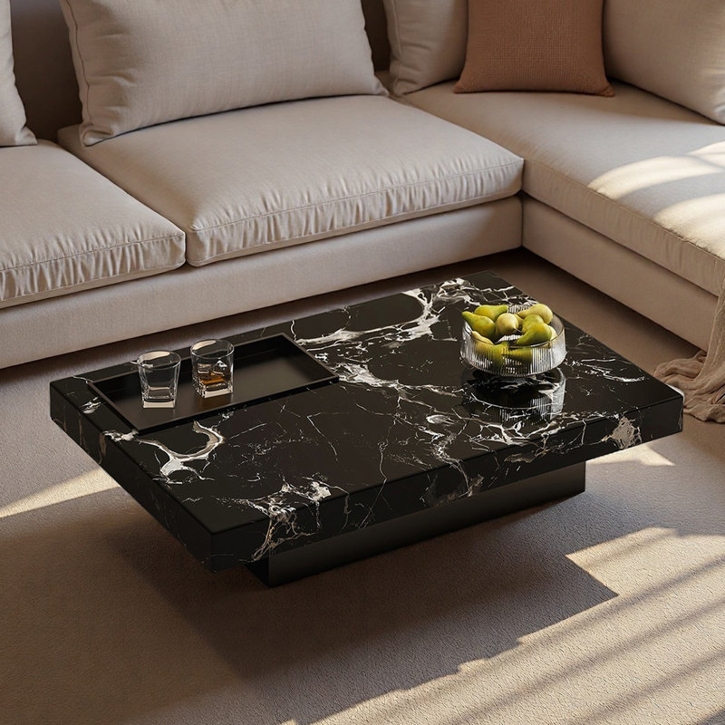 Table basse Luxury-lite rectangulaire en marbre, Noir, H 11,8 po x L 59,1 po x l 31,5 po