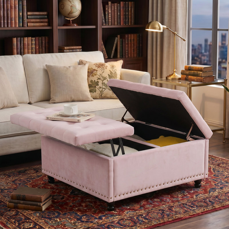 Repose-pieds carré avec rangement Delmontez, Velours rose
