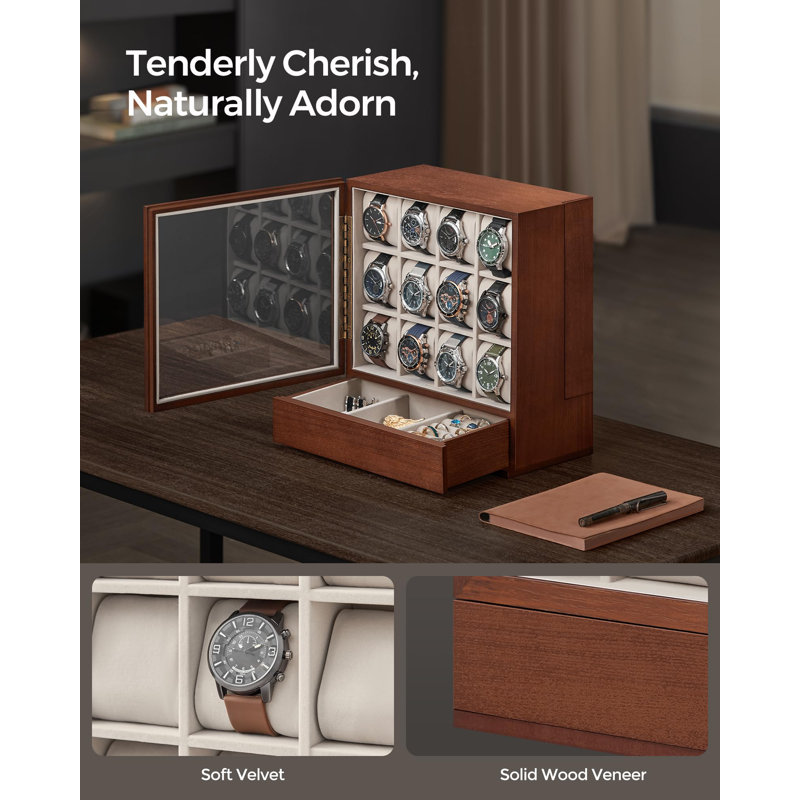 12-Slot Wooden Watch Box with Window, Coffee Brown