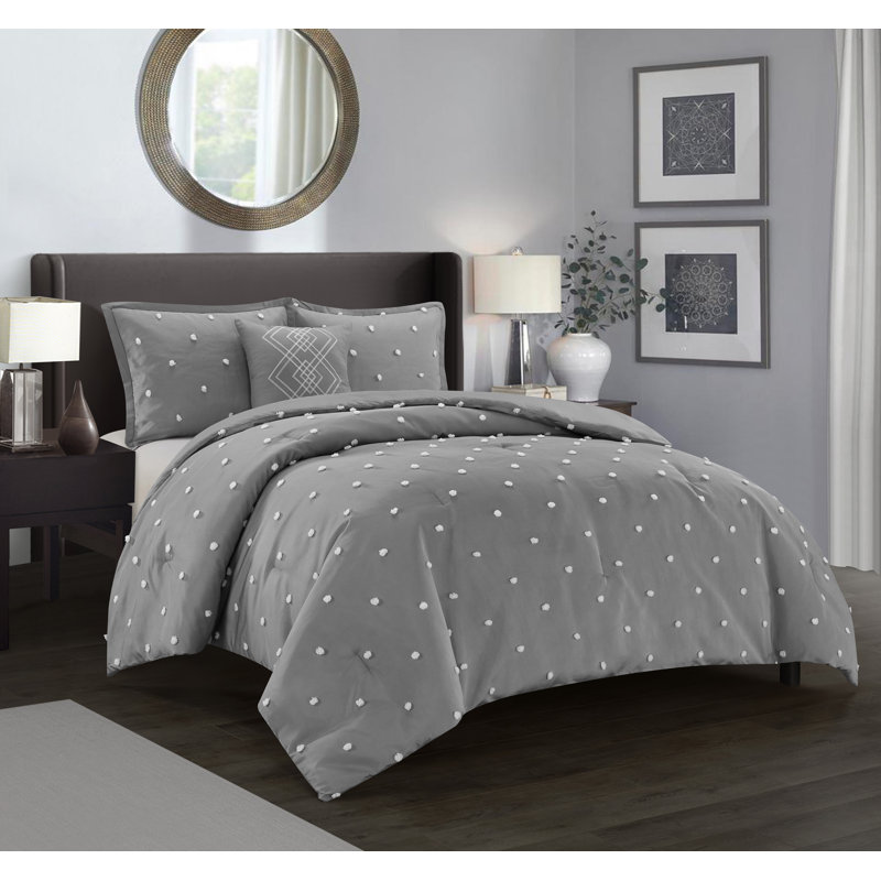 Maxime 4 Piece Dots Comforter Set, Gray, Twin Comforter + 1 Standard Sham + Throw Pillow