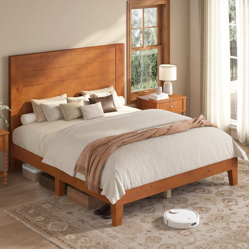 Base de lit plateforme en bois massif Bilal avec tête de lit 47,2 po, brun, Brun, Grand lit