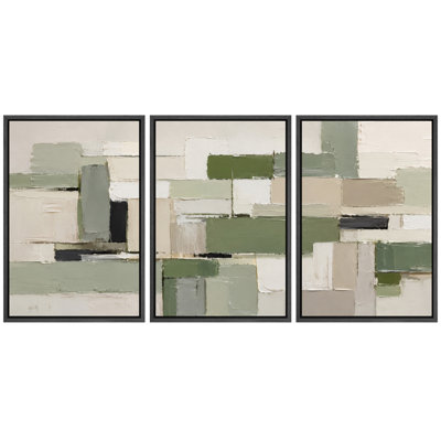 Œuvre abstraite géométrique en blocs, vert sauge, beige et anthracite, tableau de bureau, impression giclée sur toile encadrée, ensemble de 3 pièces - 61 x 91 cm (24 x 36 pouces)