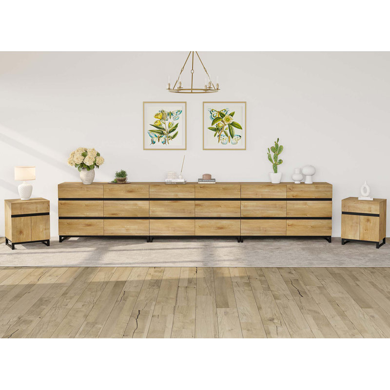 5-Piece Modern Bedroom Furniture Set, 142-Inch Dresser With 18 Drawers And 2 Nightstands Featuring Drawer And Cabinet Design, Bedroom Set Of 5