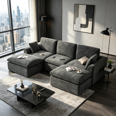 111" Modular Sectional Sofa With 2 Ottomans, Compressed Cloud Couch In Pet-Friendly Chenille Fabric, Deep Seat Foam & Down Cotton Filled