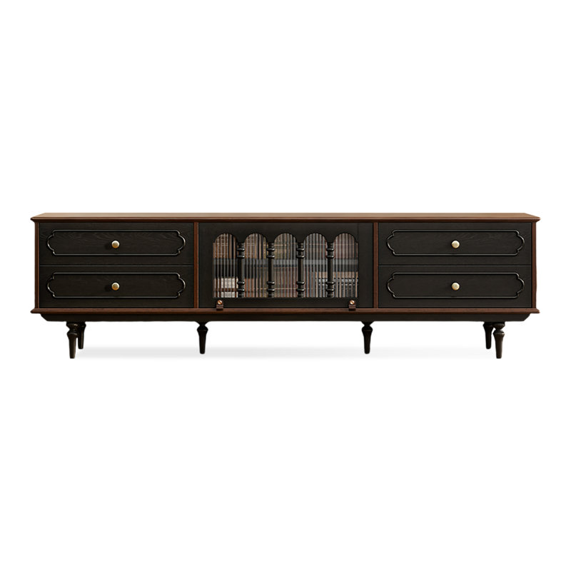 Meuble télé rétro en bois massif noir, H 21,93 po x L 78,74 po x l 15,75 po