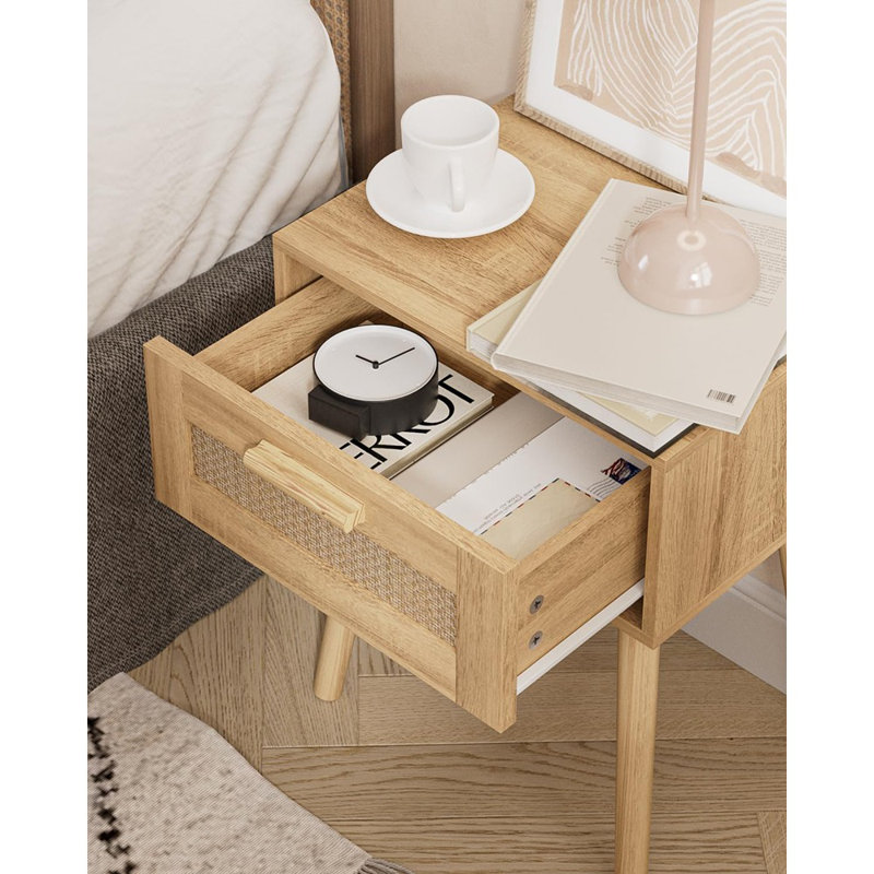 Rattan Nightstand, Modern Bedside Table With Rattan..., Brown