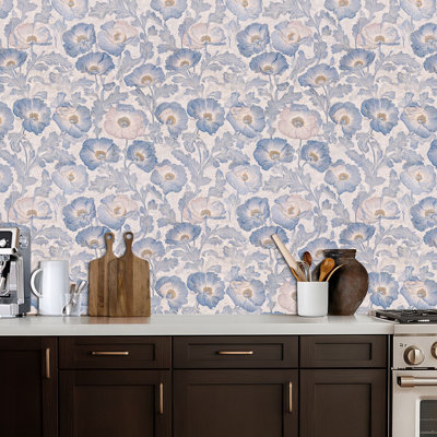 Peel and Stick Wallpaper Floral blue boho stripe modern Minimalist flowers Tones nature Contact Paper Removable Self Adhesive Wall Mural Wall Decor for Bedroom Kitchen Cabinets 17.7in x 118in