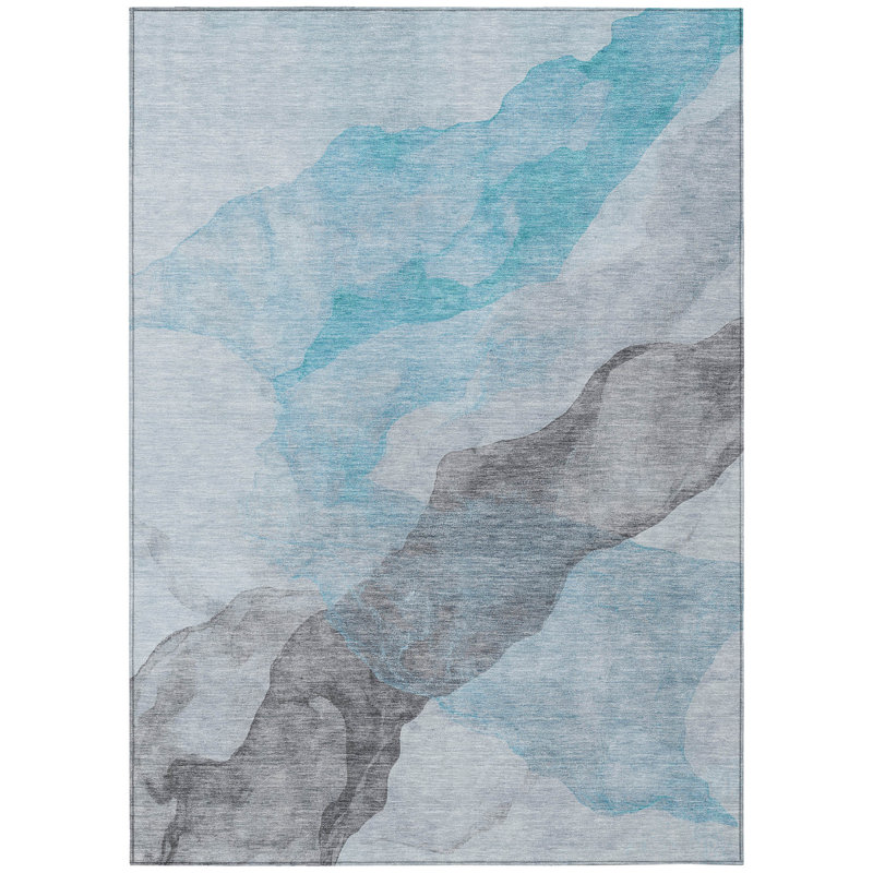 Tapis extérieur bleu sarcelle lavable abstrait 9 pi x 12 pi bleu et gris
