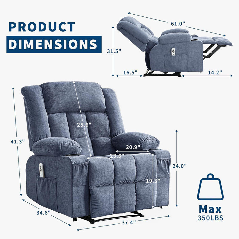 Fauteuil inclinable massant et chauffant avec très grand repose-pieds, porte-gobelet et poches latérales pour le salon, Bleu