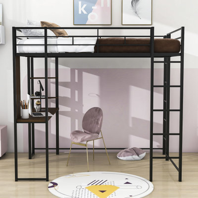 Lit mezzanine double en métal avec bureau intégré en bois et 2 tablettes