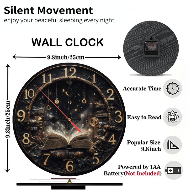 Horloge, chiffres, livre ouvert, étoiles
