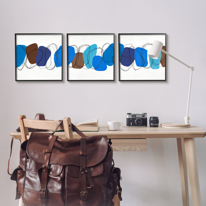 «Modern Modern Oblong Blue Shapes Geometric Abstract Scribble» par Ruth Fromstein - ensemble de 3 impressions sur toile