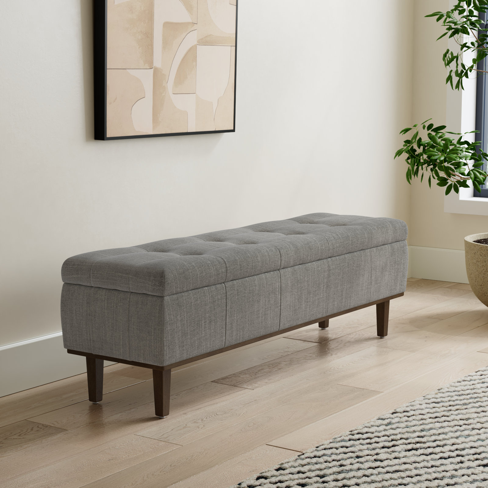 Colter Upholstered Flip Top Storage Bench, Gray Basketweave