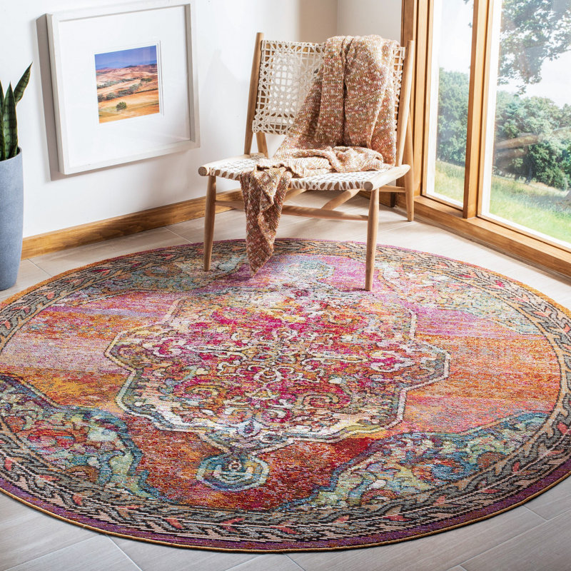 Jara Oriental Orange/Light Blue Area Rug, Round 7'