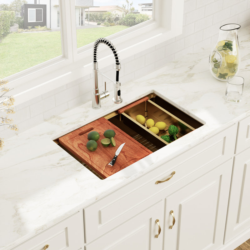 30"L x 19"W Undermount Workstation Kitchen Sink Gold 16 Gauge Stainless Steel Single Bowl Kitchen Sink with Basket Strainer and Stainless Steel Grid