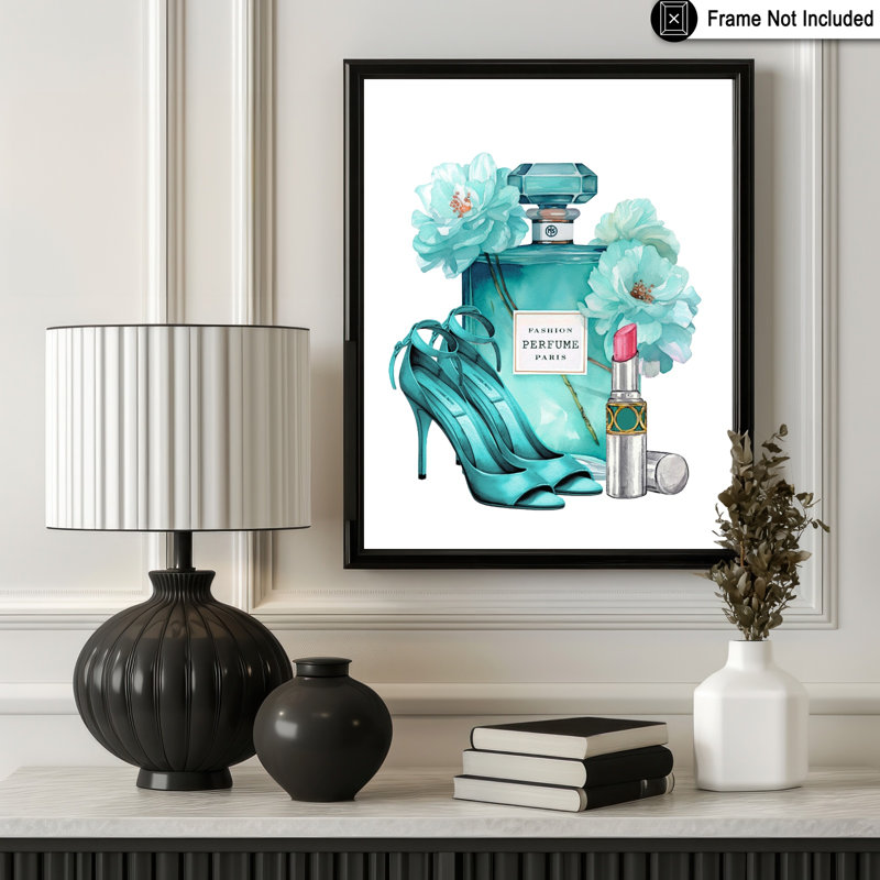 Parfum turquoise, rouge à lèvres et talons, 18"H x 24"W, Poster, Unframed