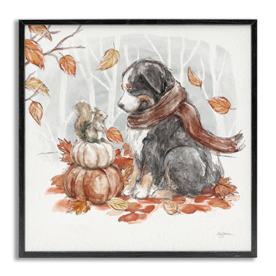 «Dog & Fall Pumpkins», art de la giclée encadrée par Mary Urban