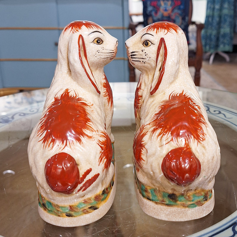 Small Staffordshire Bunny Hares Figurine, Orange, 6.5" H x 6" W x 3" D