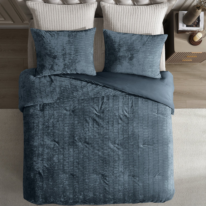Wonderful Crinkle Crushed Velvet Comforter Set For All Season, Light Lake Blue, King Comforter + 2 Standard Shams