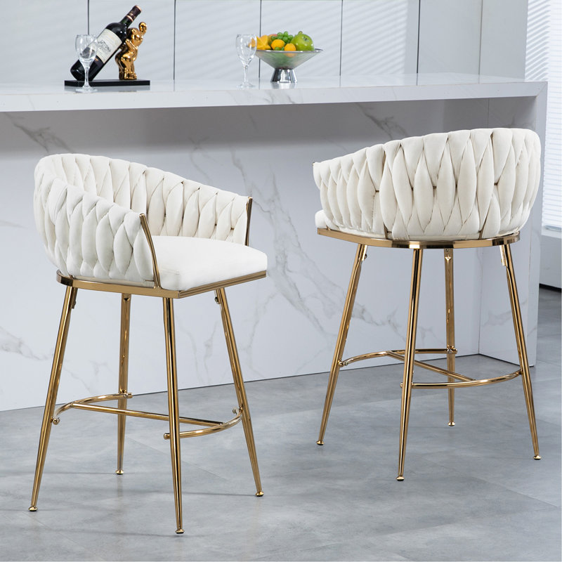 26'' Counter Height Bar Stools Velvet Kitchen Island Counter Bar Stool With Hand- Wave Back,Golden Chromed Base And Footrest (Beige)