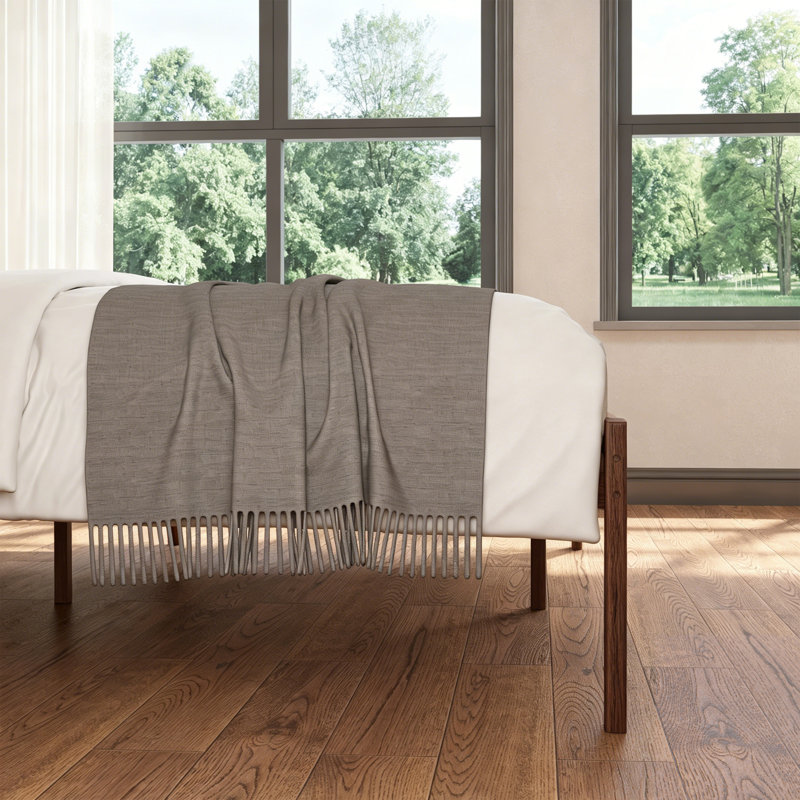 14"H Heavy-Duty Easy Assembly Solid Wood Bamboo Platform Bed Frame with Headboard Metal Slats, Queen, Walnut