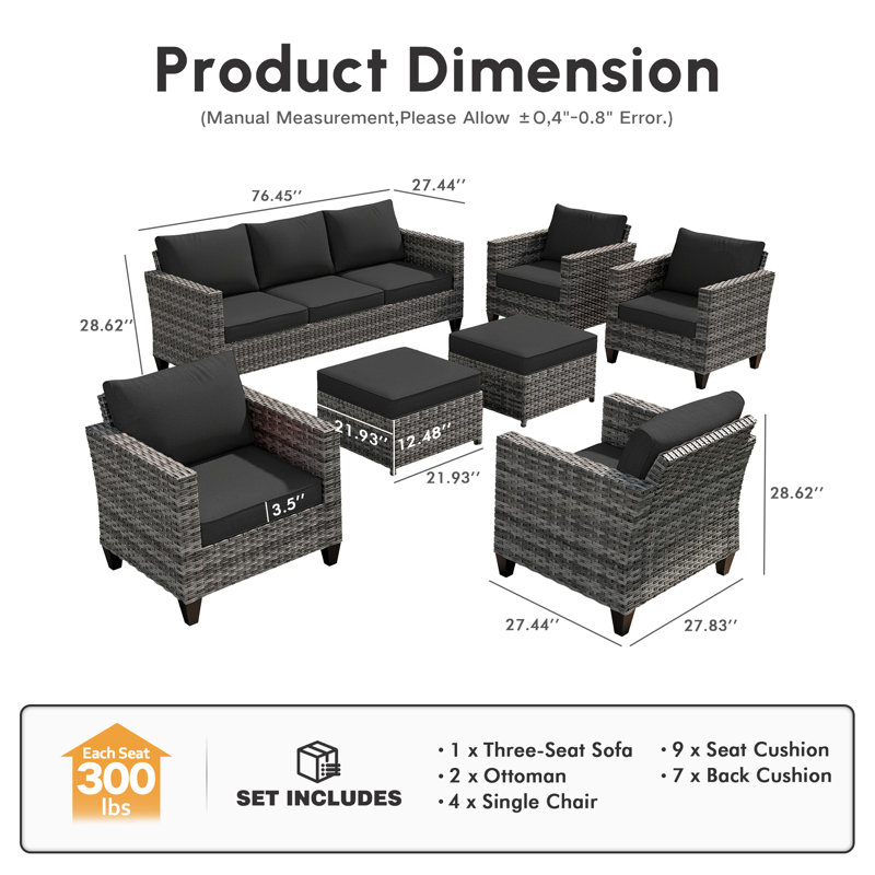 Ensemble de mobilier de patio en osier / rotin Amerissa 7 personnes, ensemble de canapé d'extérieur avec canapé, chaises, repose-pieds, coussins décoratifs et coussins confortables