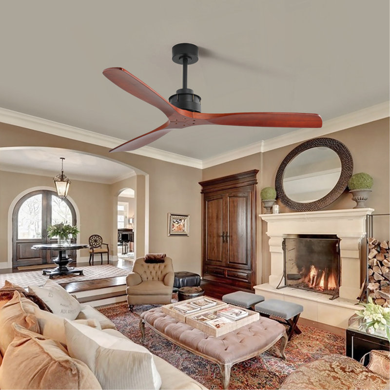 Élégant ventilateur de plafond de 60 pouces avec télécommande, 3 pales en bois massif d'acajou, convenant à une utilisation intérieure et extérieure