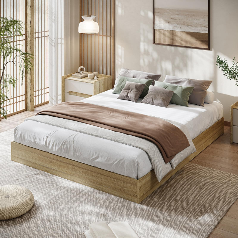 Solid Wood Platform Bed Frame, Floor-Standing Bed with Sturdy Slats, Full/Twin/King/California King/Twin-XL, Modern Minimalist Design
