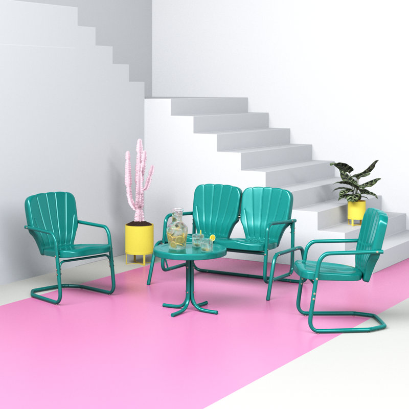 Burley 4Pc Outdoor Metal Conversation Set White Gloss - Loveseat Glider, Side Table, & 2 Armchairs, Turquoise