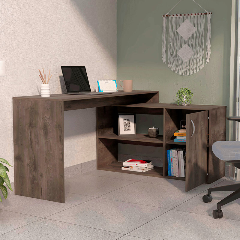 2-Shelf L-Shaped Writing Desk Dark Brown, Brown