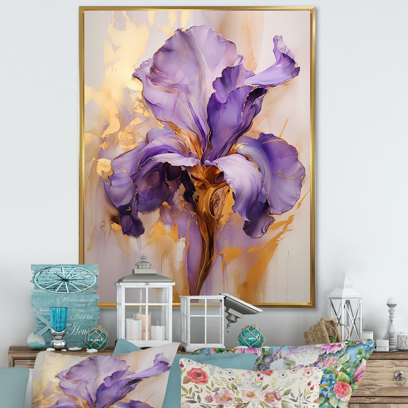 Iris doré - Rêve mauve - iris, art mural grand format, Cadre flottant doré, H 32 po x l 24 po x P 1 po