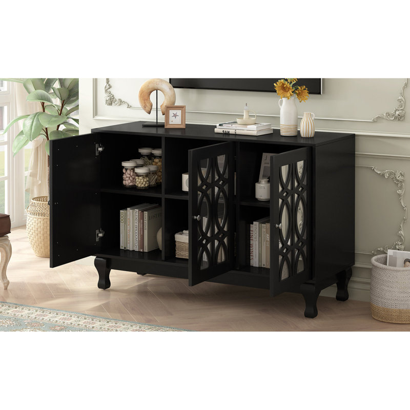 Meuble télé 50 à 59 po avec façade en miroir, pieds en bois massif, 3 tablettes réglables, grand espace de rangement pour le divertissement