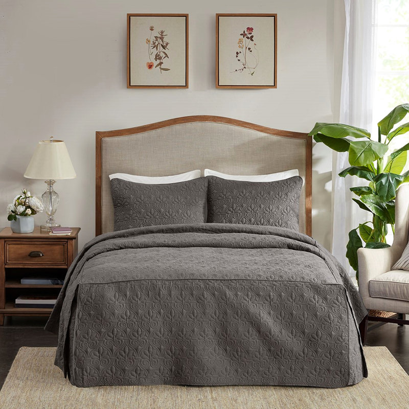 3 Piece Dark Grey Queen Bedspread With Soft Microfiber And Fill. , Pleated Corners, , Machine Washable . Microfiber, Fill, Box Sewing, , Captivating