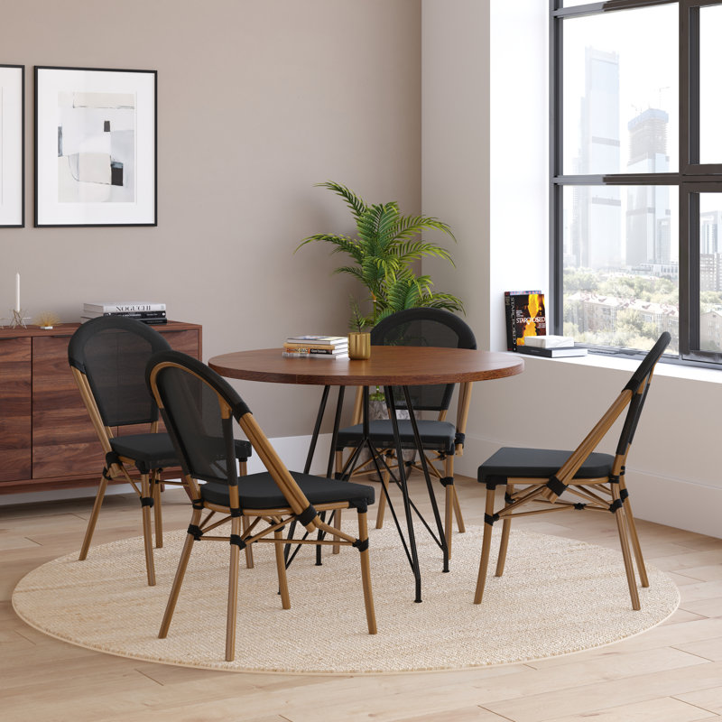 Black and Natural Armless Stacking Bistro Chairs with Metal Frame, Set of 2