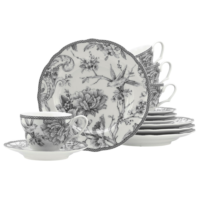Adelaide Piece Porcelain China Dinnerware Set - Service for 4, White/Gray