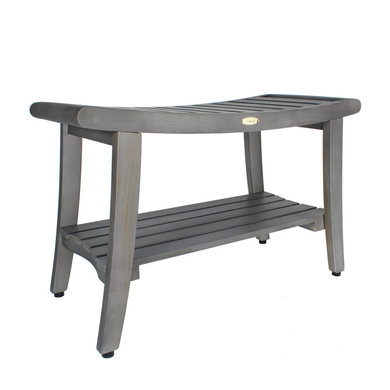 Coastal Vogue Harmony 30" Teak Shower Bench with Shelf Antique Gray Shower Bench for Inside Shower