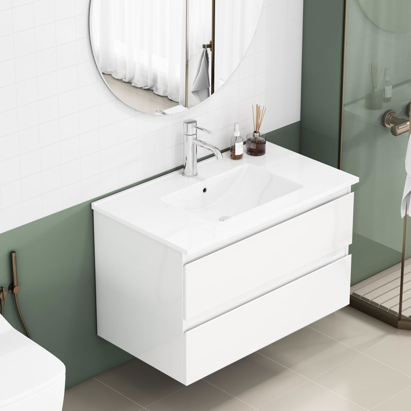 Lavabo de salle de bain 31,5 po, 2 tiroirs spacieux, fermeture douce, poignée, blanc brillant, système de bruit