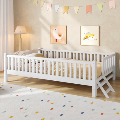 Wood Twin Size Platform Bed With Guardrail , White