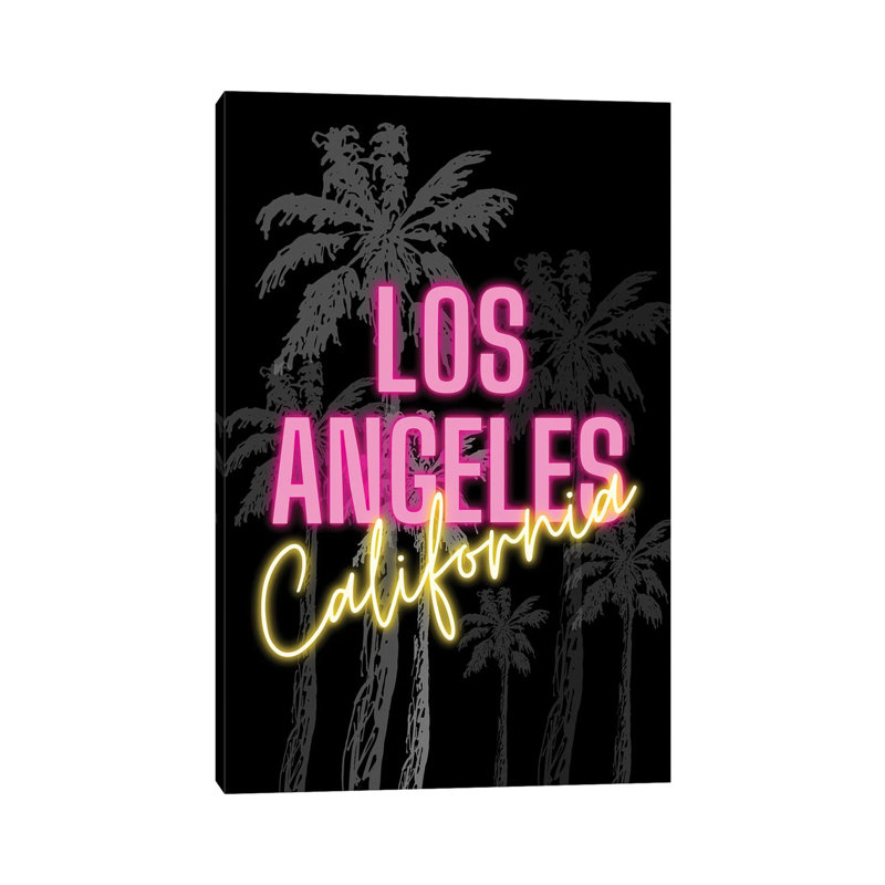 Neon Los Angeles California Design On Palm Tree Background by Design Harvest - Wrapped Canvas Print, 20.32 cm H x 30.48 cm W
