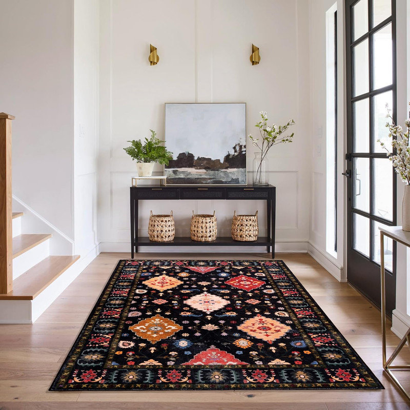 Indoor&Outdoor Washable Area Rug Black Gorgeous flowers Vintage Low Pile Rug for Living Room Bedroom Wedding Banquet