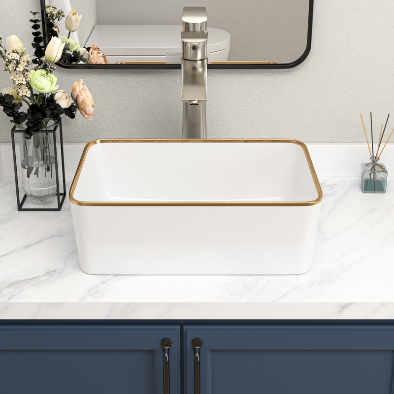 16 x 12 Inch White Ceramic Rectangular Vessel Sink with Gold Rim